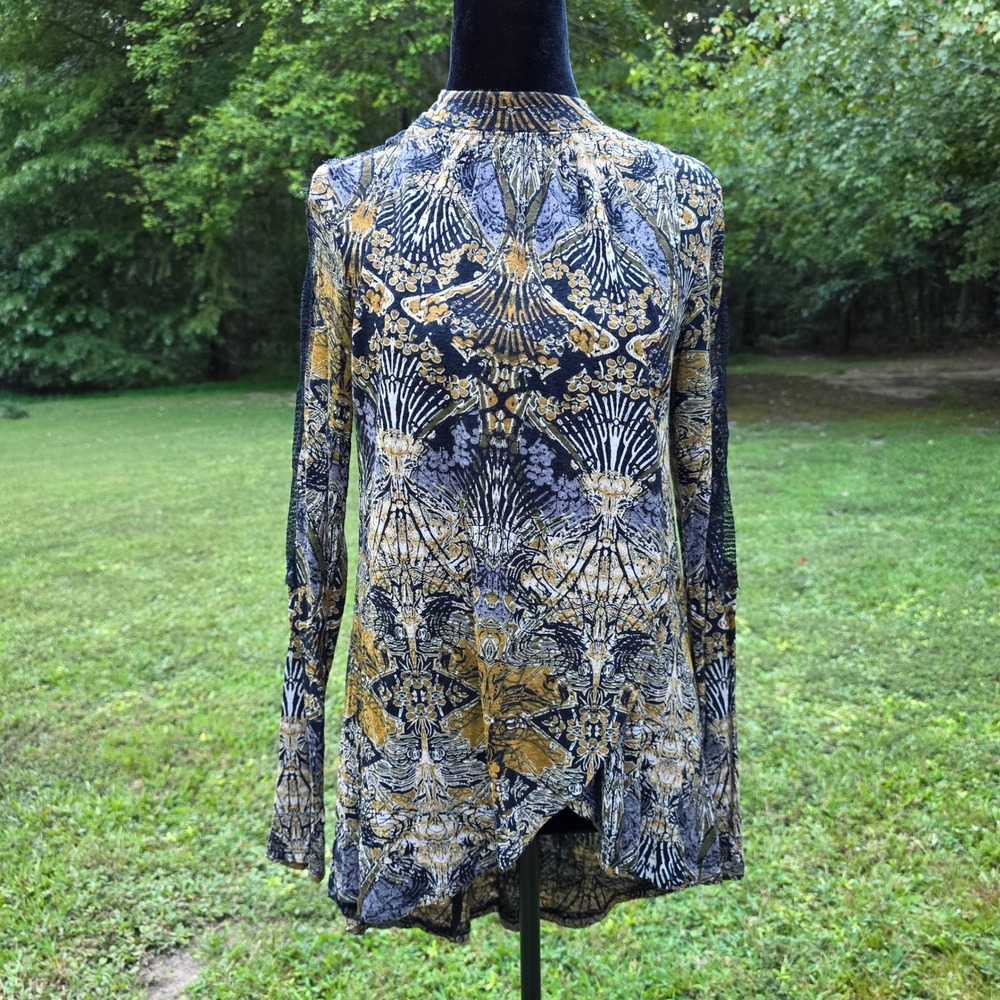 FREE PEOPLE Womens S Mock Neck Tunic Art Nouveau Print Open Back Lace Sleeve